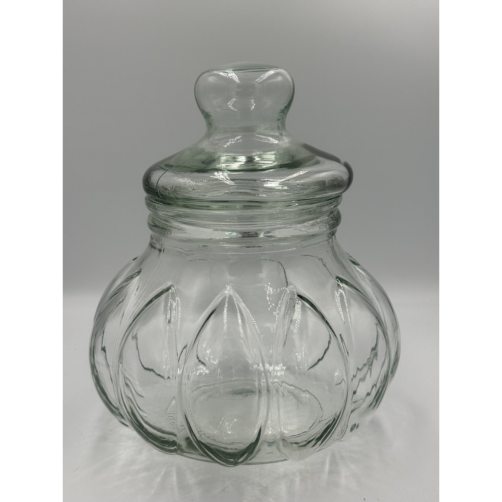VTG Large Green Glass Melon / Pumpkin Apothecary Jar w Lid 10.5" Tall 9" Wide